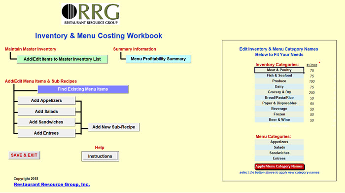 Restaurant Inventory And Menu Costing Workbook Spreadsheet